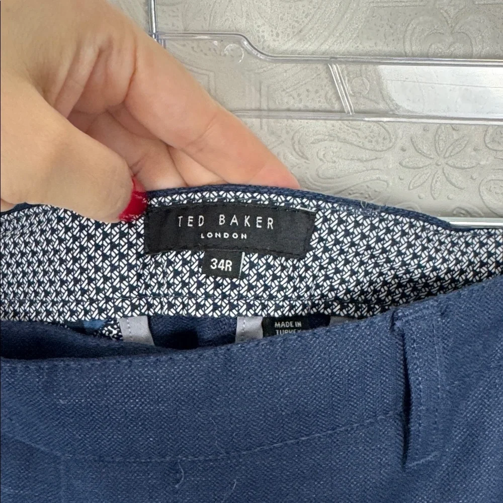 Ted Baker Navy Blue Dress Pants Men’s 34R Tailored Slim Fit Linen Blend Trousers
